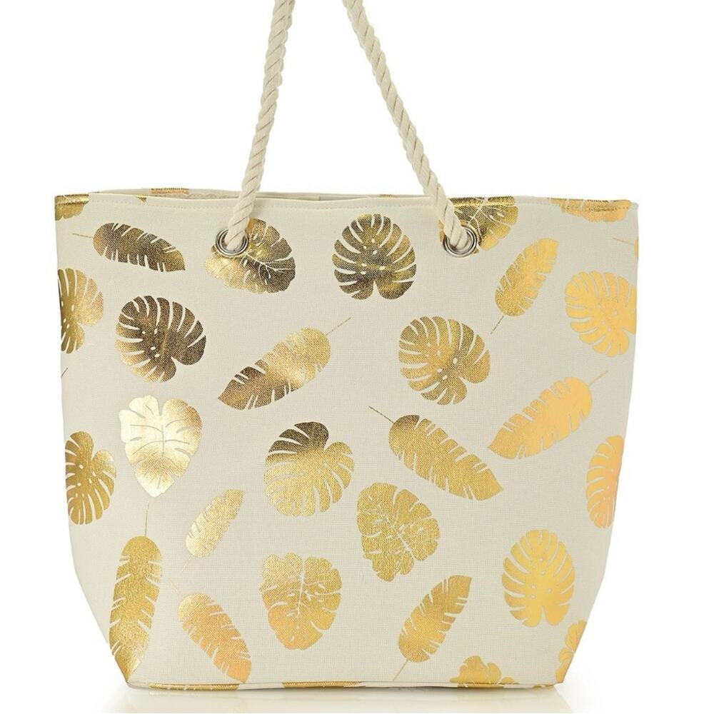 Metallic Gold Foil Leaf Pattern on White Canvas Tote Bag